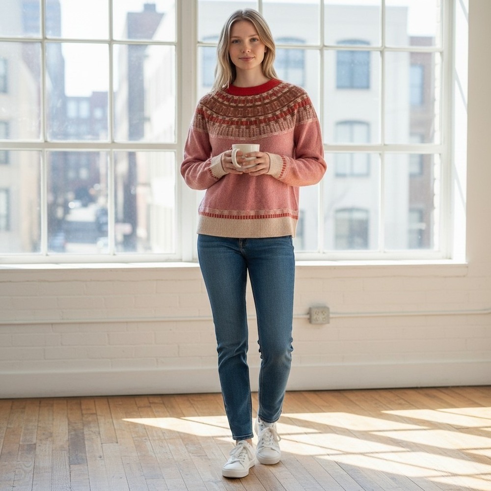 Madewell Fair Isle Mayer Pullover Sweater Heather Blossom Red Pink Wool Small